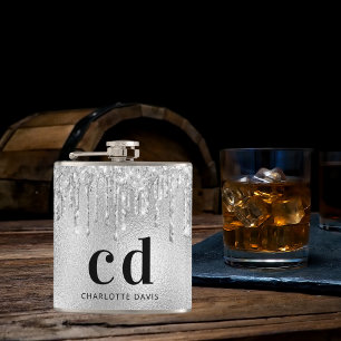 Silver glitter drips black monogram name hip flask