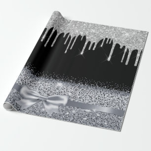 Silver glitter drips black sparkle wrapping paper