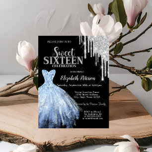 Silver Glitter Drips,Blue Dress Black Sweet 16  Invitation