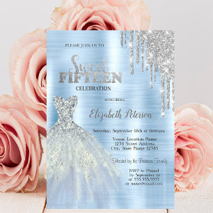 Silver Glitter Drips Blue Dress Blue Metallic  Invitation