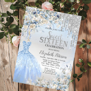 Silver Glitter Drips,Blue Dress Flowers Sweet 16 Invitation