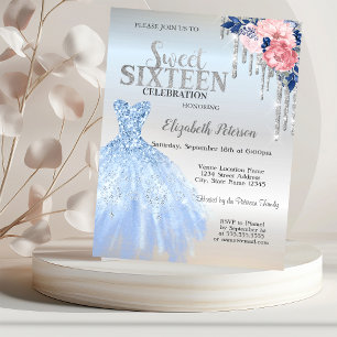 Silver Glitter Drips,Blue Dress Flowers Sweet 16   Invitation