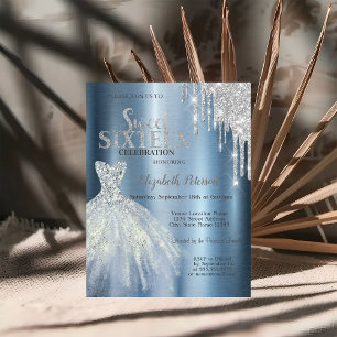 Silver Glitter Drips,Blue Dress Metallic Sweet 16 Invitation