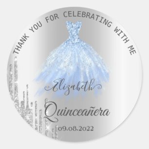 Silver Glitter Drips Blue Dress Quinceañera Classic Round Sticker