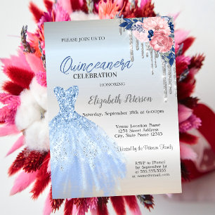 Silver Glitter Drips,Blue Dress Roses Quinceanera Invitation