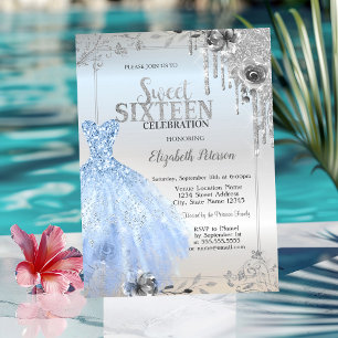 Silver Glitter Drips,Blue Dress Roses Sweet 16   Invitation