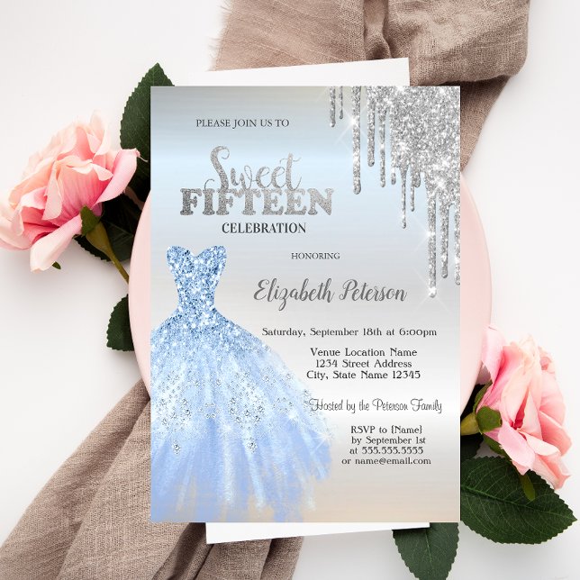 Silver Glitter Drips,Blue Dress Silver Sweet 15  Invitation (Creator Uploaded)