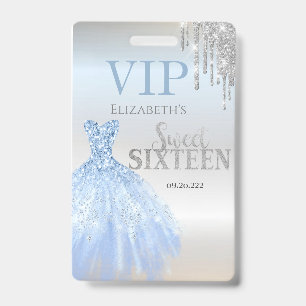 Silver Glitter Drips,Blue Dress Silver Sweet 16 ID Badge