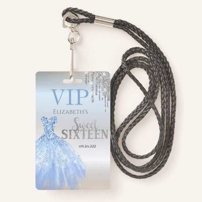 Silver Glitter Drips,Blue Dress Silver Sweet 16   ID Badge (Front with Lanyard)