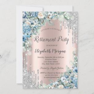 Silver Glitter Drips Blue Flowers Retirement Invitation