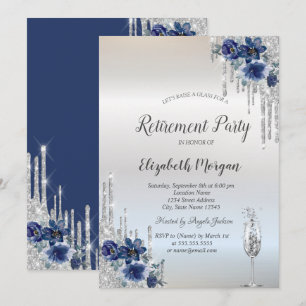 Silver Glitter Drips Blue Flowers Retirement Invitation