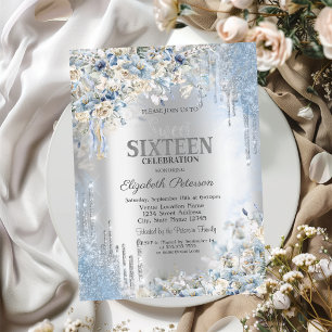 Silver Glitter Drips Blue Flowers Sweet 16 Invitation