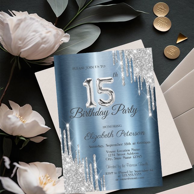 Silver Glitter Drips Blue Metallic 15th Birthday Invitation (Creator Uploaded)