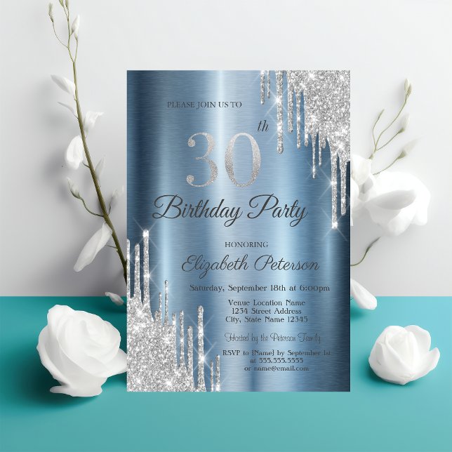 Silver Glitter Drips Blue Metallic 30th Birthday  Invitation (Creator Uploaded)