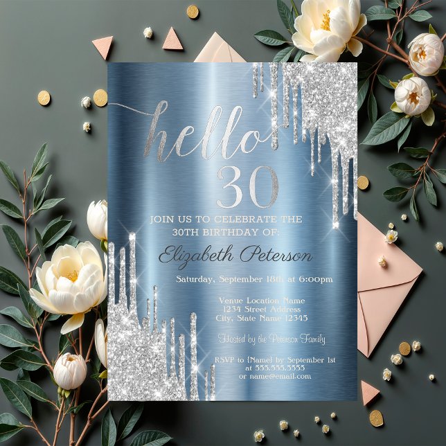 Silver Glitter Drips Blue Metallic 30th Birthday Invitation (Creator Uploaded)