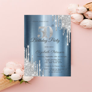 Silver Glitter Drips Blue Metallic 50th Birthday  Invitation