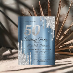 Silver Glitter Drips Blue Metallic 50th Birthday Invitation