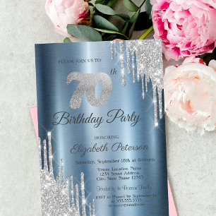 Silver Glitter Drips Blue Metallic 70th Birthday  Invitation