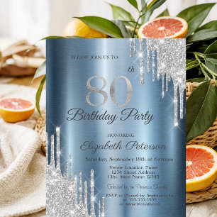 Silver Glitter Drips Blue Metallic 80th Birthday Invitation