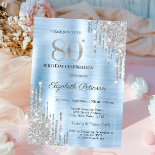 Silver Glitter Drips Blue Metallic 80th Birthday Invitation