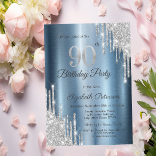 Silver Glitter Drips Blue Metallic 90th Birthday  Invitation