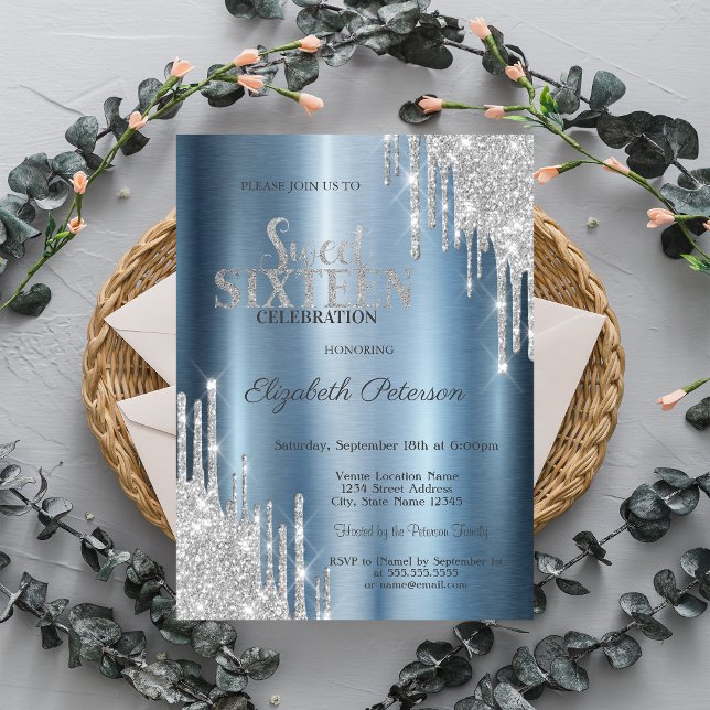  Silver Glitter Drips Blue Metallic Sweet 16  Invitation (Creator Uploaded)