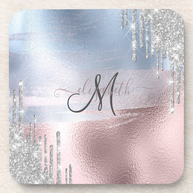 Silver Glitter Drips Blue Rose Gold Metallic  Coaster (Front)