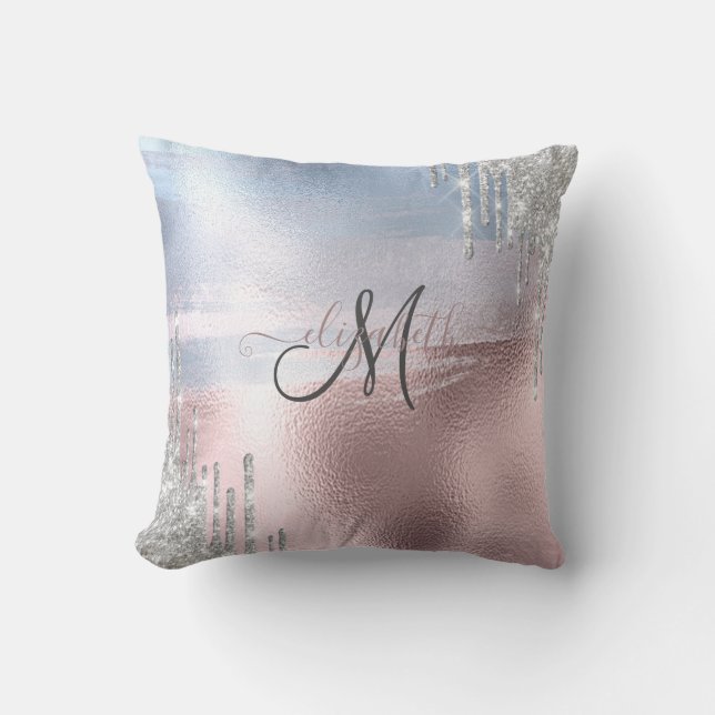 Silver Glitter Drips Blue Rose Gold Metallic  Cushion (Front)