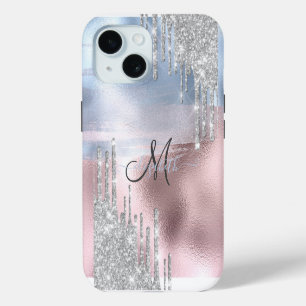 Silver Glitter Drips Blue Rose Gold Metallic iPhone 15 Case