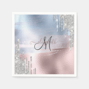 Silver Glitter Drips Blue Rose Gold Metallic  Napkin