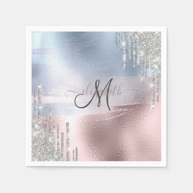 Silver Glitter Drips Blue Rose Gold Metallic  Napkin (Front)