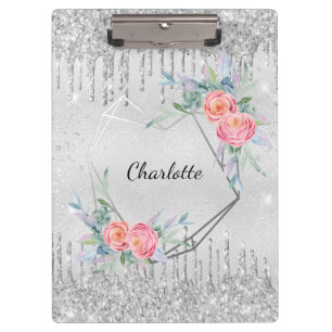 Silver glitter drips blush pink floral name clipboard