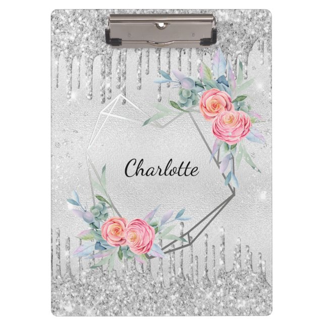 Silver glitter drips blush pink floral name clipboard (Front)
