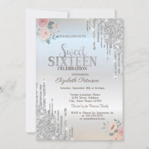 Silver Glitter Drips Boho Roses Silver Sweet 16 Invitation