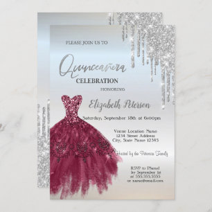 Silver Glitter Drips,Burgundy Dress Quinceañera Invitation