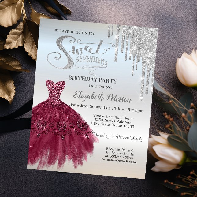 Silver Glitter Drips,Burgundy Dress Sweet 17  Invitation (Creator Uploaded)