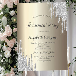 Silver Glitter Drips Champagne Retirement Invitation
