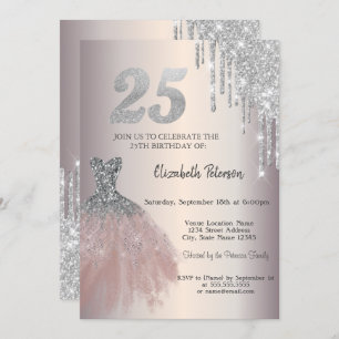 Silver Glitter Drips,Chic Dress 25th Birthday  Invitation