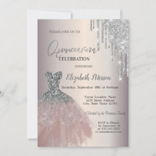 Silver Glitter Drips,Chic Dress Quinceañera Invitation
