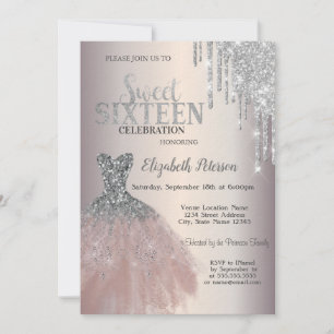 Silver Glitter Drips,Chic Dress Sweet 16   Invitation