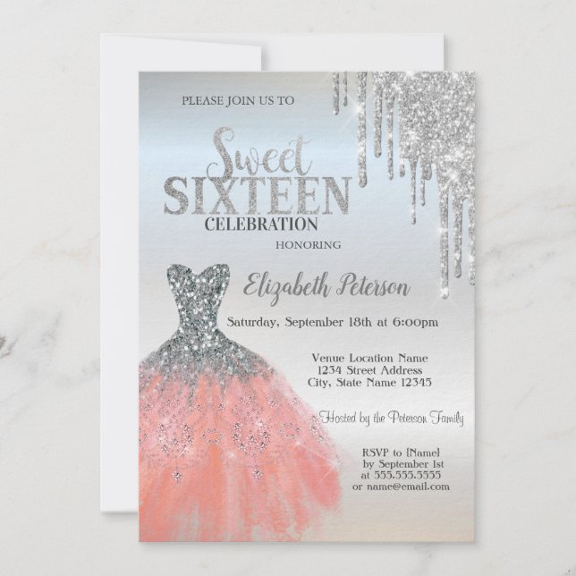Silver Glitter Drips,Cool Dress Silver Sweet 16  Invitation (Front)