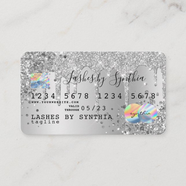 Silver glitter drips Credit Card hologram add name (Front)