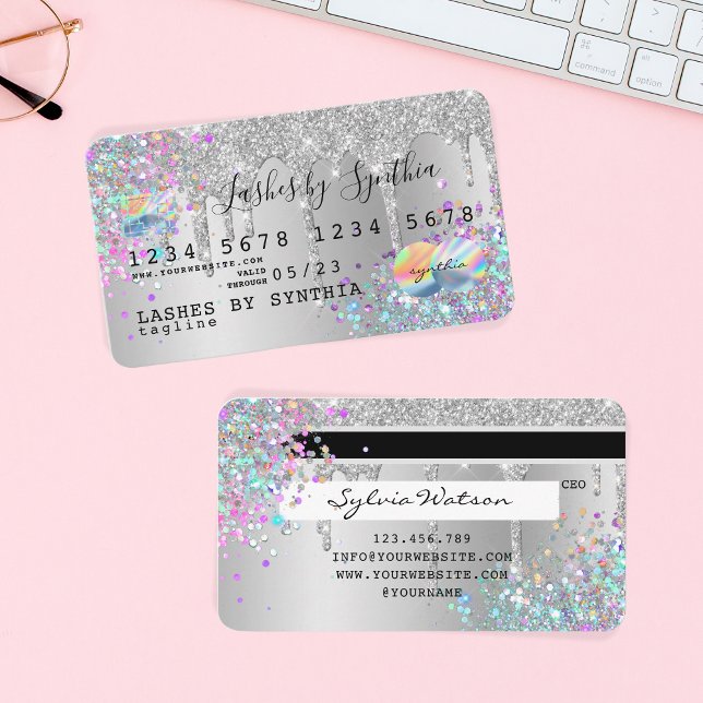 Silver glitter drips Credit Card hologram add name (Creator Uploaded)