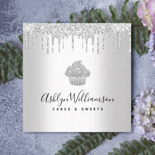 Silver Glitter Drips Cupcake Pastry Bakery Chef Square Business Card