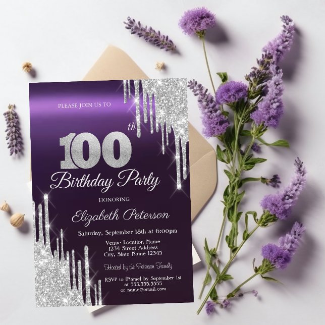 Silver Glitter Drips Dark Purple 100th Birthday   Invitation (Creator Uploaded)