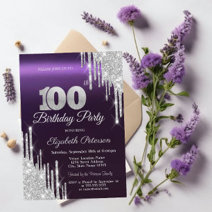 Silver Glitter Drips Dark Purple 100th Birthday Invitation