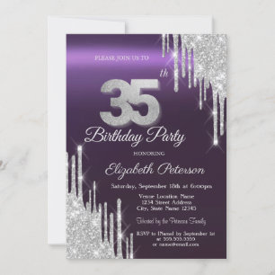 Silver Glitter Drips Dark Purple 35th Birthday   Invitation