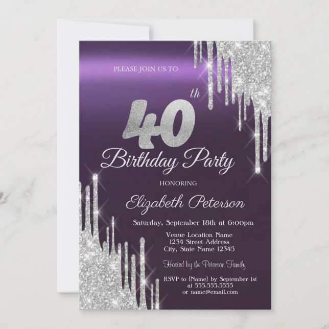  Silver Glitter Drips Dark Purple 40th Birthday   Invitation (Front)