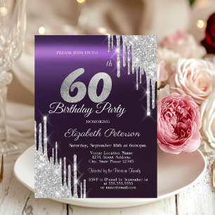 Silver Glitter Drips Dark Purple 60th Birthday   Invitation
