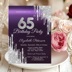 Silver Glitter Drips Dark Purple 65th Birthday   Invitation